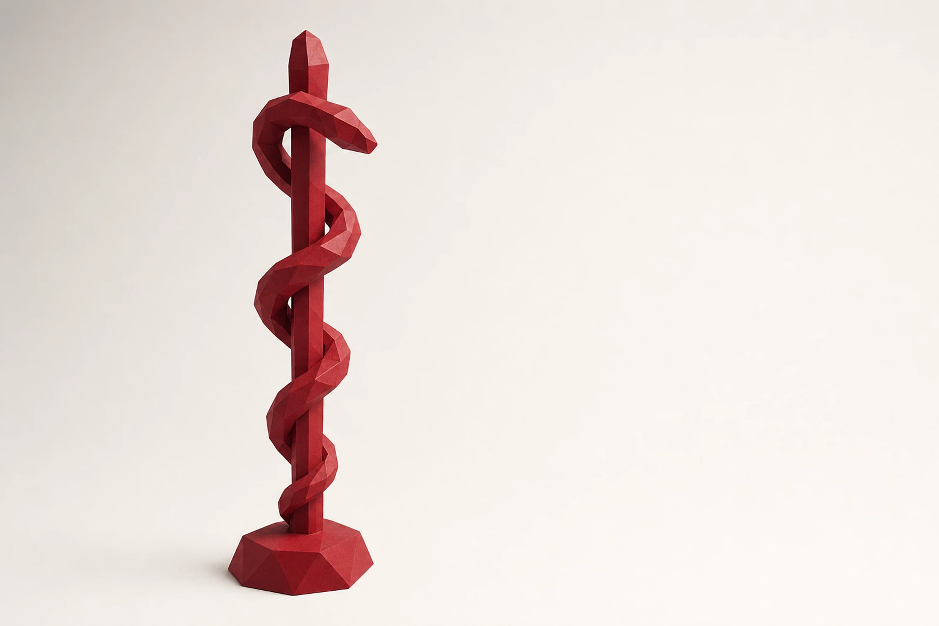 Aeskulapstab als Low-Poly-Skulptur, das Zeichen der Heilkunst