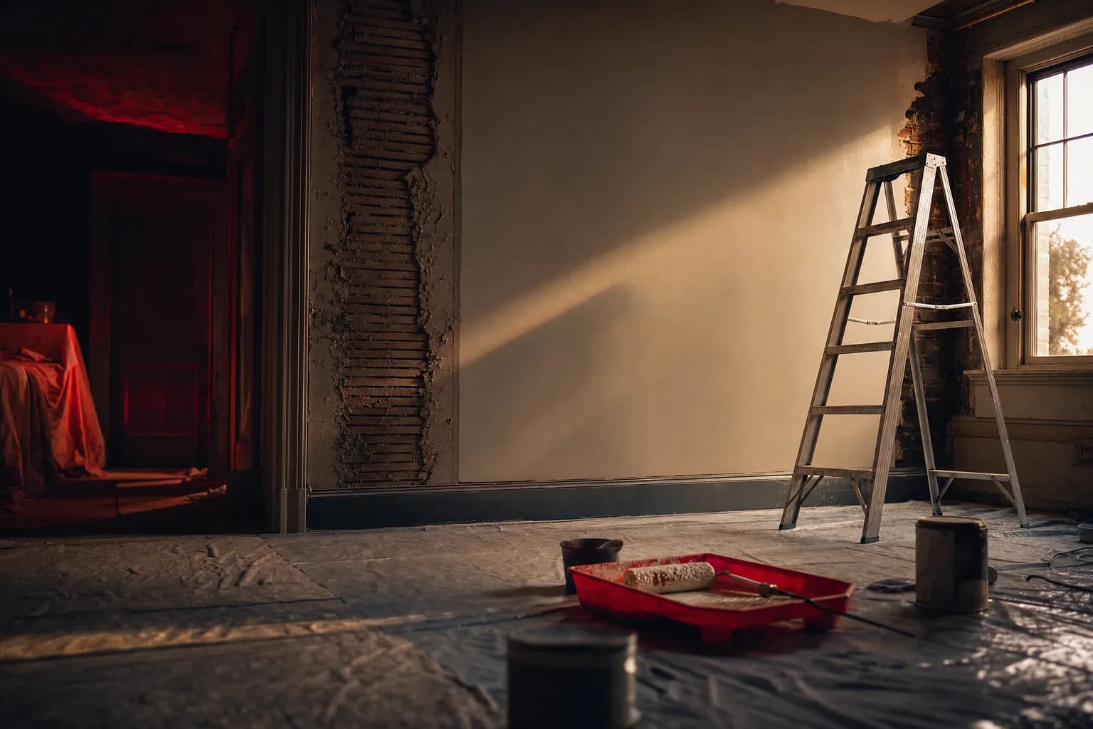 Halb renovierter Altbauraum mit frisch gestrichener Wand, Leiter und abgedecktem Boden im Abendlicht