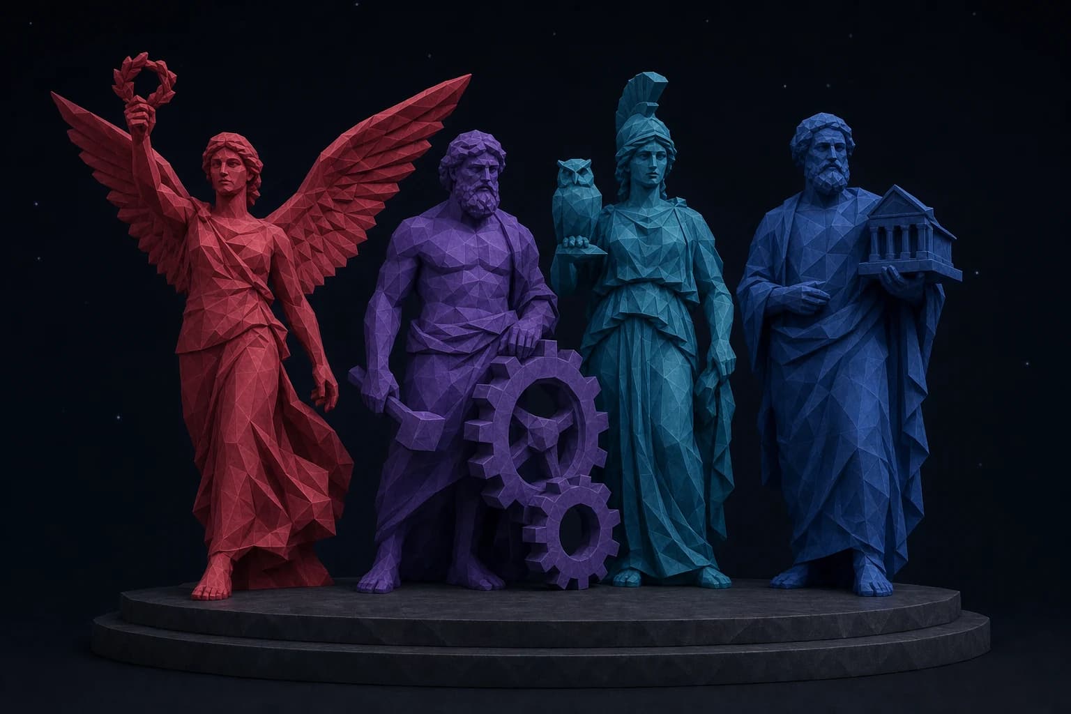 Vier facettierte Figuren verbinden Sichtbarkeit, digitale Abläufe, Betreuung und Firmenaufbau.