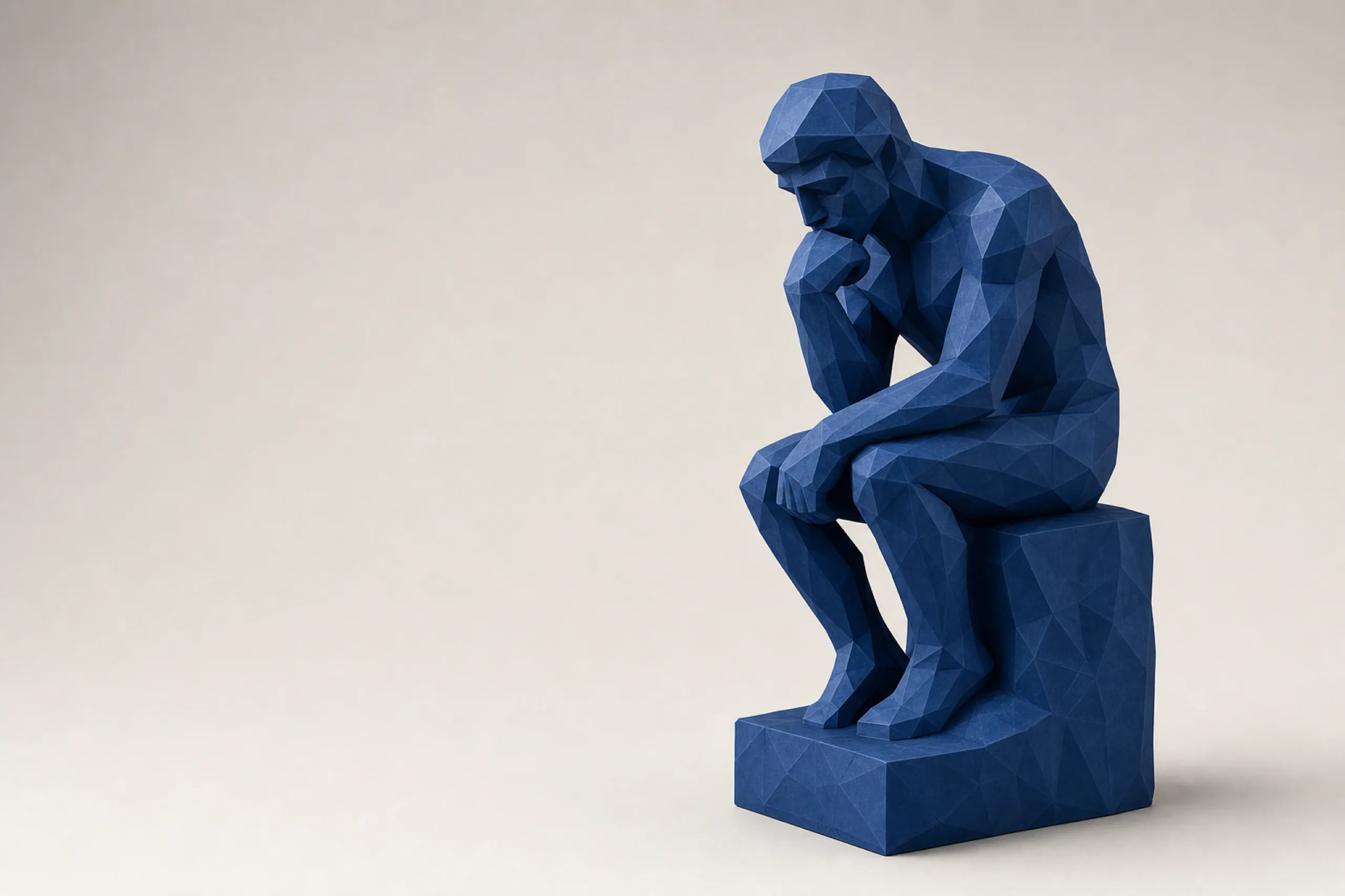 Facettierte Denker-Skulptur in tiefem Blau auf einem Block, Sinnbild für Struktur und Plan im Firmenaufbau.