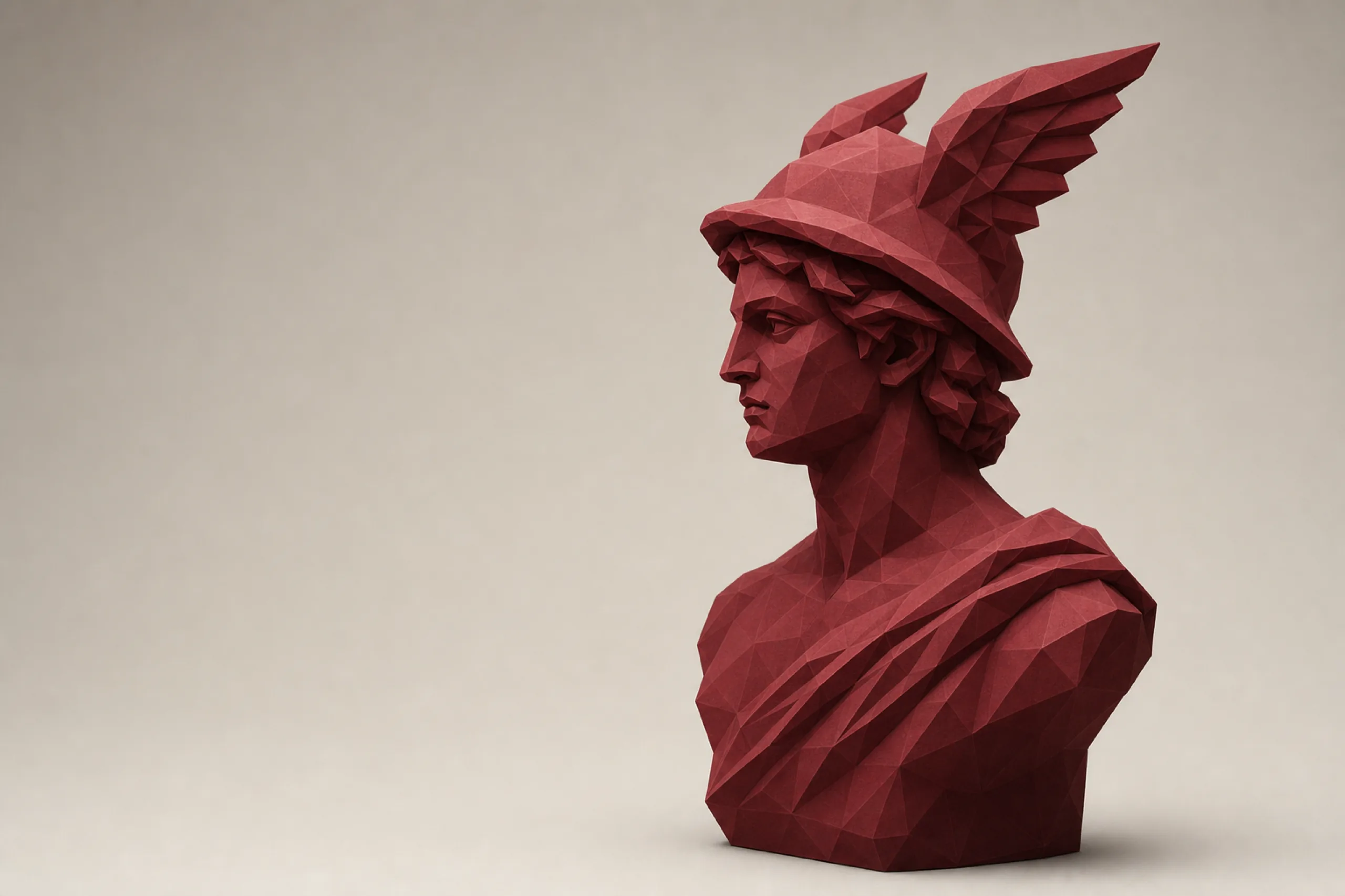 Facettierte Hermes-Büste mit Flügelhelm in tiefem Rot auf heller Studiobühne, Sinnbild für eine Botschaft, die Kunden erreicht.